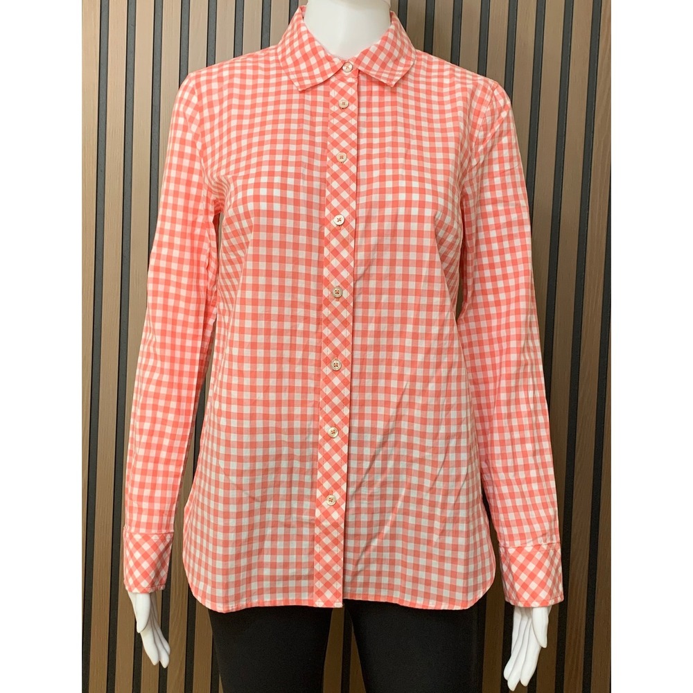 Talbots Women's Coral Pink Gingham Check Button Down Shirt Cotton Long Sleeve XS